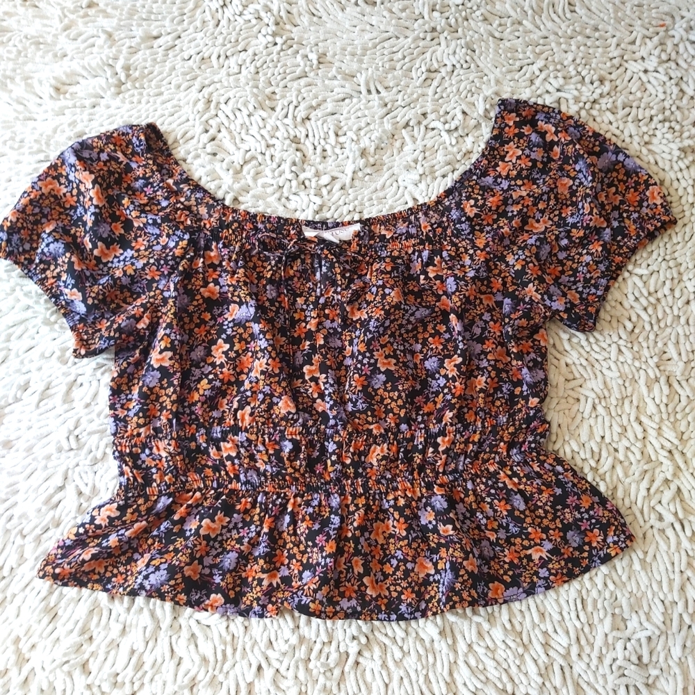 Pink Rose floral peplum top- size medium
